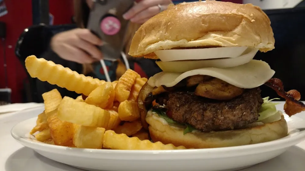 Mushroom Swiss Burger and Fries